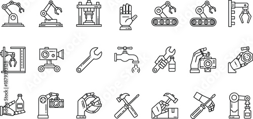 Industrial Automation Line Art Icon Set Featuring Robotic Arms, Mechanical Tools, Factory Assembly Systems, Smart Manufacturing Technology, and Engineering Repair Concepts