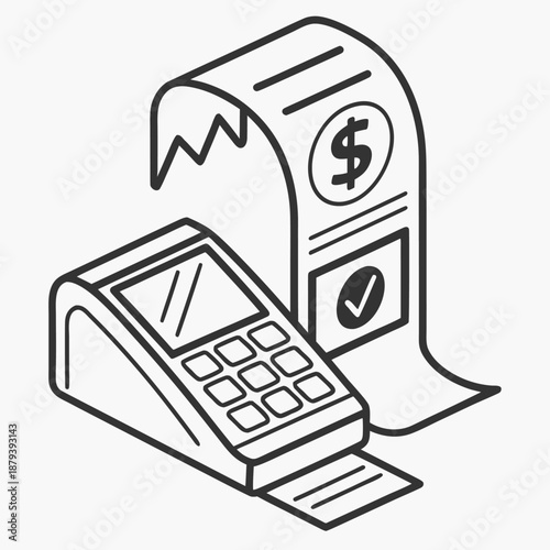 Modern Transaction Icon: Clean outline of a point of sale (POS) terminal, juxtaposed with a receipt, symbolizing seamless transactions and financial clarity.