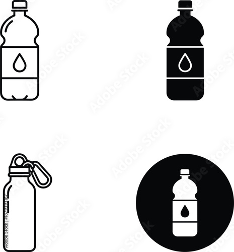 Set of mineral water bottle icons including solid black silhouette outline style and reusable sports bottle for hydration.