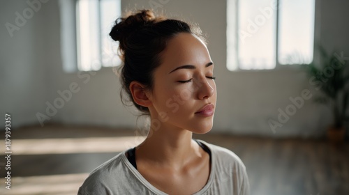 Young woman meditating in a white room Free Download Young woman meditating in a white room - GFXLoad