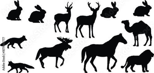 Collection of wild animal silhouettes including deer, rabbits, fox, horse, camel and lion, wildlife set for safari, nature illustration, vector graphics and animal icons