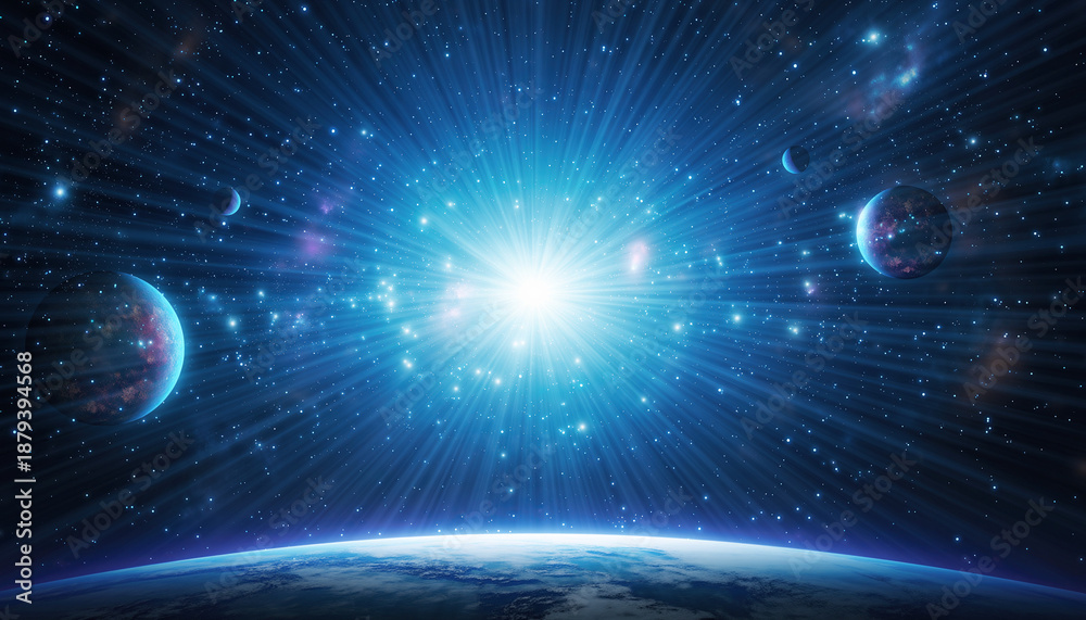Obraz premium 宇宙の夜明けと放射する光：Cosmic Dawn with Radiant Light 