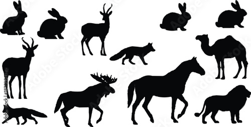 Set of wild animal silhouettes including deer, rabbit, fox, horse, camel and lion, wildlife collection for safari, nature design, vector illustration and animal icons