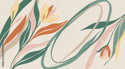 Digital illustration featuring curved lines and leaves in muted tones of green orange yellow pink arranged gently on a neutral beige background