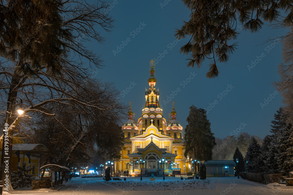 Naklejka premium Built in 1907, the Orthodox Ascension Cathedral in Almaty, Kazakhstan, is the tallest wooden Orthodox church and one of the 100 most famous buildings in the world.