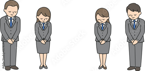 Business professionals bowing in formal attire, Japanese etiquette, respectful gesture, corporate culture, apology concept, office illustration