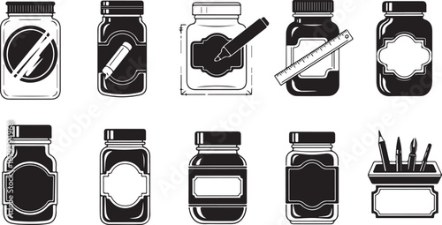 Ink Bottles and Writing Utensils in Black and White