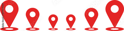Set of red map location pin icons in various sizes for navigation tracking destination points and travel web design.