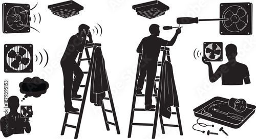 Silhouette of people installing and using ceiling fans safely