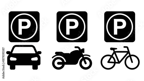 Black Parking Sign Icons Set for Car, Motorcycle, and Bicycle, Isolated Vector