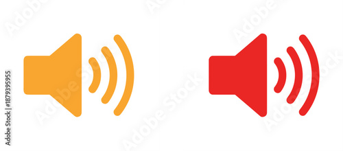 Set of two minimalist speaker volume icons featuring solid orange and red silhouettes with radiating sound wave signals.