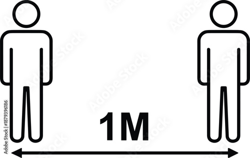 Social distancing icon featuring two human figures with one meter distance arrow for health and safety guidance signage.