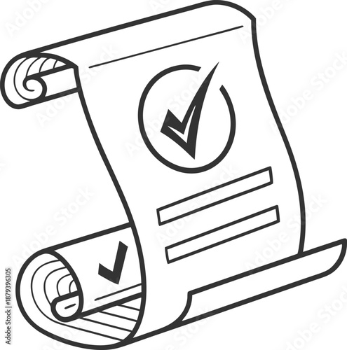 Approved Document Scroll: A detailed illustration of a parchment scroll, marked with check marks, symbolizing confirmation, acceptance and agreement.
