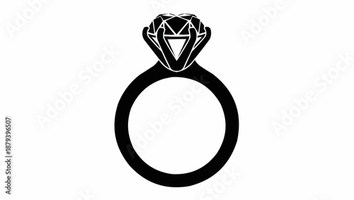 Elegant Diamond Engagement Ring Silhouette Isolated on White.