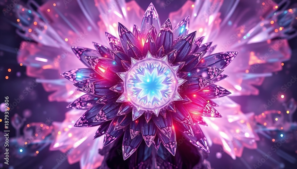 Obraz premium Radiant crystal cluster gleams with internal light, fractal patterns of geometric beauty , rock, iridescent