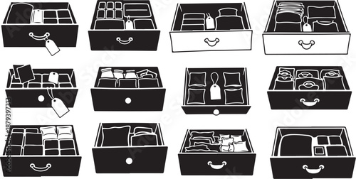 Various open and closed black jewelry storage boxes illustration