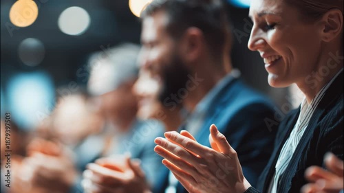 Business people clapping and smiling at conference in modern setting  