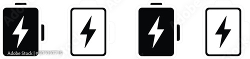 Vertical battery charging icon set with lightning bolt power symbols in solid and outline styles for mobile application interface.