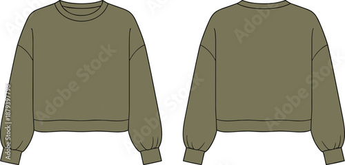 Technical Vector Fashion Illustration of Women’s Olive Green Crew Neck Sweatshirt Featuring Drop Shoulders Long Puff Sleeves and Ribbed Knit Hem and Cuffs