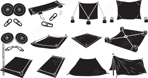 Black hammock and camping equipment illustrations on white background