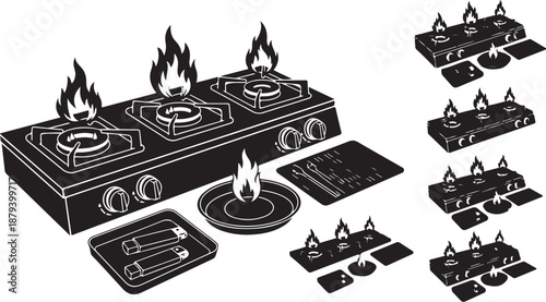 Black and white illustration of gas stove and burners