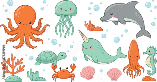 Cute collection of ocean animals including octopus, jellyfish, dolphin, narwhal, turtle, crab, seahorse, coral, and seashells