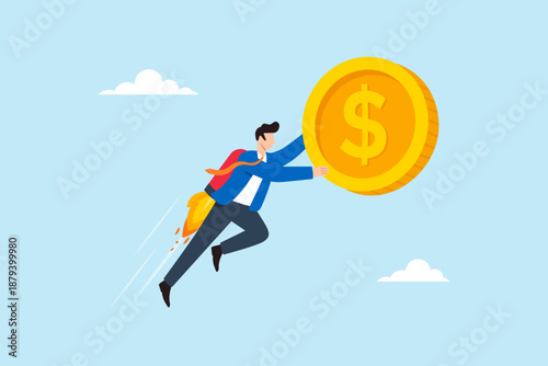 Flat illustration of businessman using rocket booster to lift giant dollar coin representing financial leverage income growth wealth acceleration smart investment strategy and business advantage