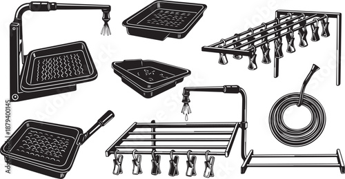 Black and white illustration of various shower caddy systems