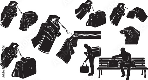 Various black luggage bags and silhouettes of travelers moving around
