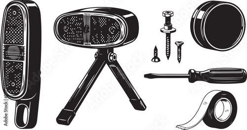 Black and white illustration of a portable speaker disassembled