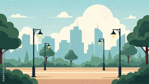 City park with trees and skyline background.