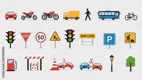 Collection of Transportation and Traffic Symbols Icons.