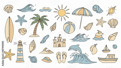 Collection of beach and summer vacation icons and illustrations.