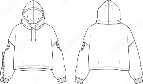 Technical Vector Fashion Illustration of Women’s Mauve Crew Neck Sweatshirt Featuring Pleated Puff Sleeves and Ribbed Knit Cuffs and Waistband Trim