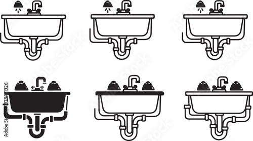 Set of six different sink illustrations with various faucets