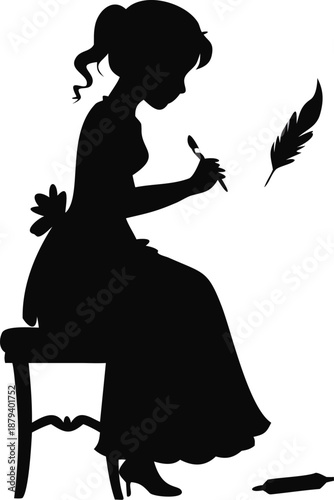 Silhouette Of A Girl Writing A Love Letter With A Quill