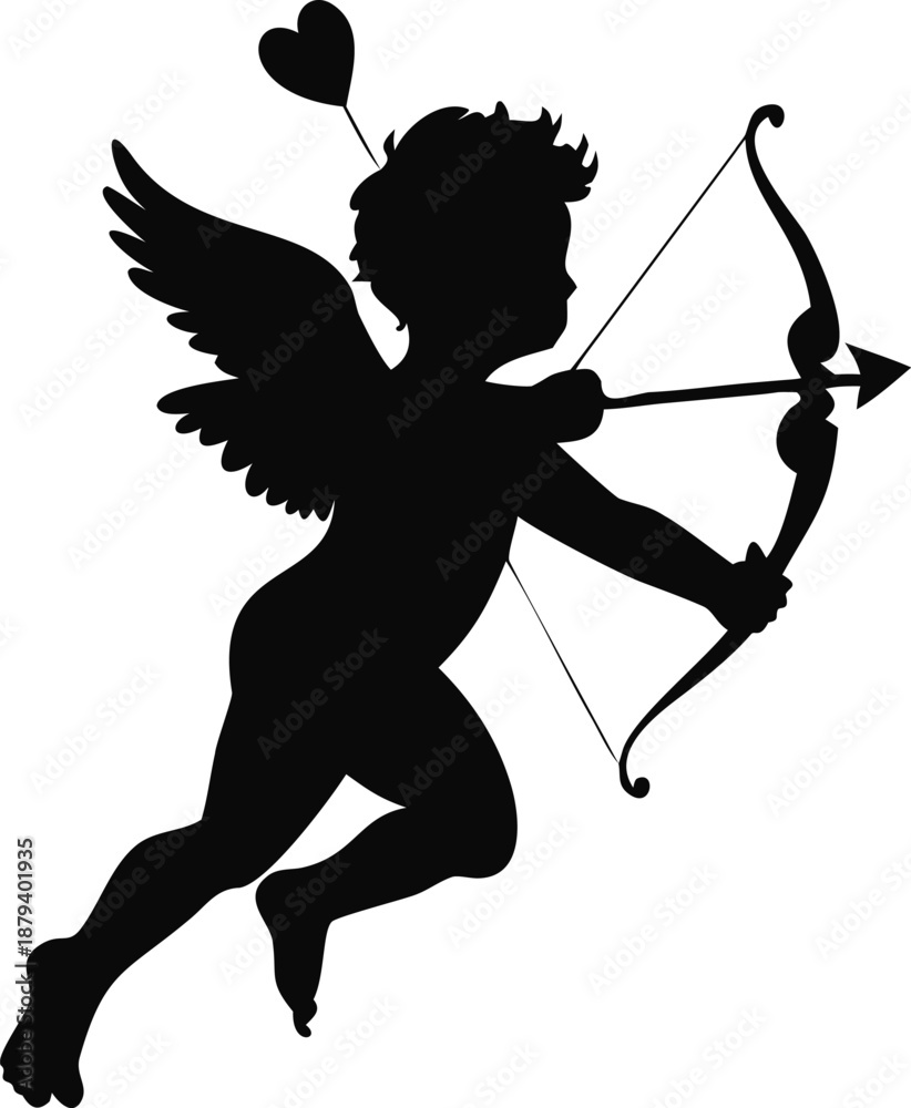 Fototapeta premium Silhouette Of A Cupid Boy With Bow And Arrow