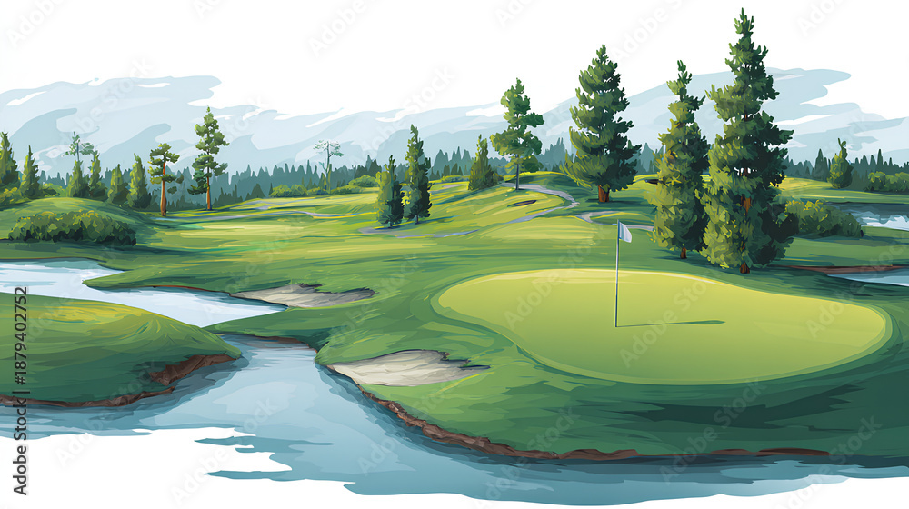 Fototapeta premium Golf course illustration flat style vector of golf course with bunkers putting green and flag stock vector on white background