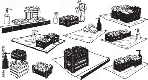 Grocery store products and cleaning supplies illustration set