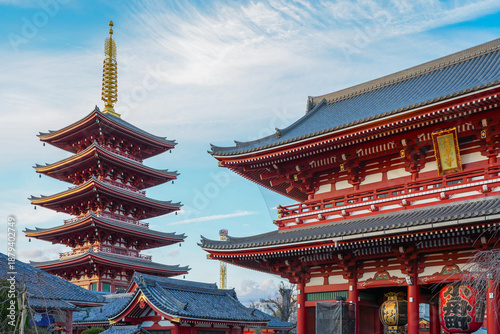 The beautiful Sensoji Temple against a clear blue sky on a sunny day. Traditional Japanese religious shrines.