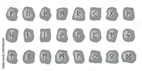 Set of hand drawn viking runes Rune stones with ancient norse alphabet characters engraved on them Scandinavian futhark germanic celtic Single element for design, print, web, decor