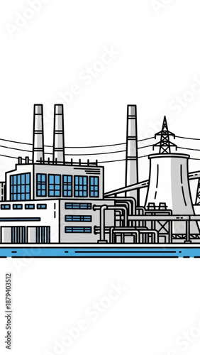 Industrial Power Plant With Cooling Tower and Smokestacks