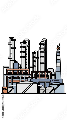 Industrial refinery complex with burning smokestack