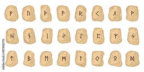 Set of hand drawn viking runes Rune stones with ancient norse alphabet characters engraved on them Scandinavian futhark germanic celtic Single element for design, print, web, decor