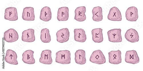 Set of hand drawn viking runes Rune stones with ancient norse alphabet characters engraved on them Scandinavian futhark germanic celtic Single element for design, print, web, decor