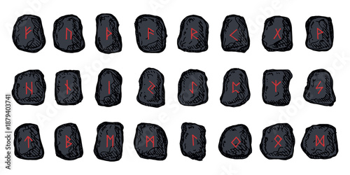 Set of hand drawn viking runes Rune stones with ancient norse alphabet characters engraved on them Scandinavian futhark germanic celtic Single element for design, print, web, decor