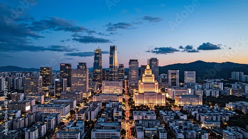 Cityscape panorama at dusk with modern architecture and soft lighting