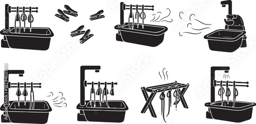 Black and white illustration of knife cleaning process steps
