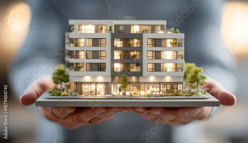 Real estate agent holding a detailed architectural scale model of a modern multi-story residential building with illuminated interiors and landscaped surroundings