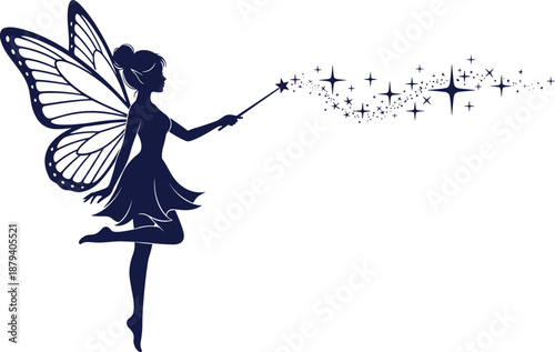 Magical Fairy Silhouette Vector Illustration with Butterfly Wings and Magic Wand Casting Sparkling Stars Isolated on White Background for Fantasy and Mythical Designs.